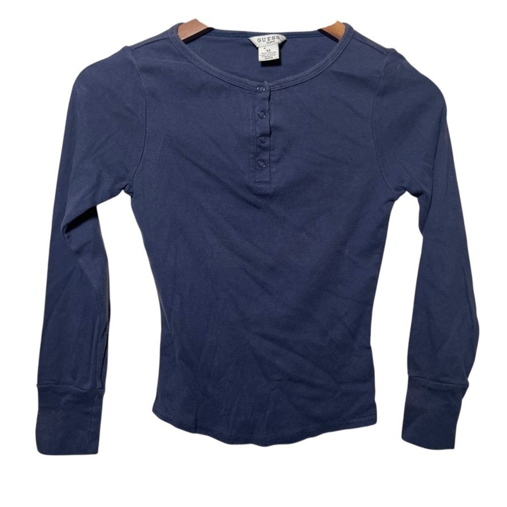 Vintage Guess Jeans Navy Henley Long Sleeve Top M 100% Cotton Y2K Minimalist